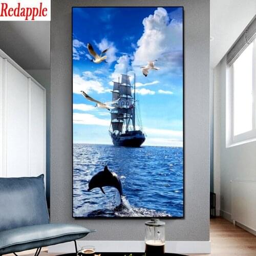 DIY Diamond Embroidery Dolphins, whales landscape Diamond Painting ship seagulls Full Square Round Picture Of Rhinestone Decor