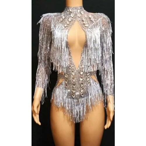 Sparkly Silver Crystals Fringes Jazz Dance Costume Rhinestones Gloves Tassel Bodysuit Party Stage Wear Dance Show Sexy Leotard