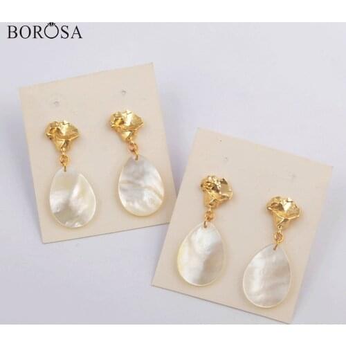 BOROSA Design 5/10Pairs Gild Teardrop Shape White Shell Slice Drop Earrings Boho Pearl & Shell Earrings Jewelry as Gifts G1793