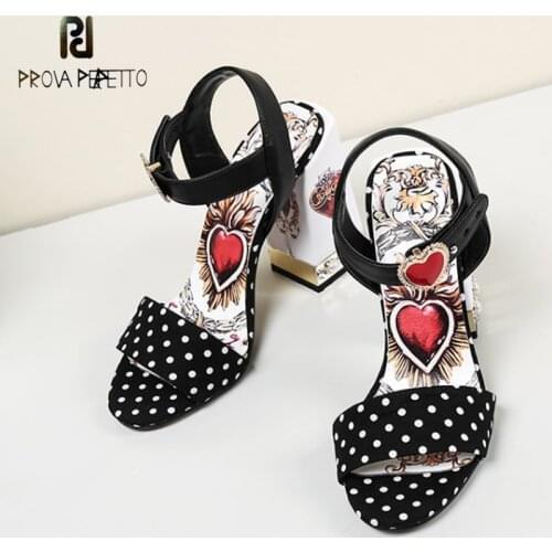 Cowhide Stitching Retro Polka Dot Fabric with Open Toe Bright Diamond Thick Heel High Heels Color Matching Peach Heart Sandals