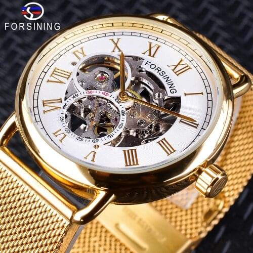 Forsining 2019 Mens Mechanical Watches Top Brand Luxury Classic Golden Mesh Band White Small Dial Waterproof Skeleton Clock Male