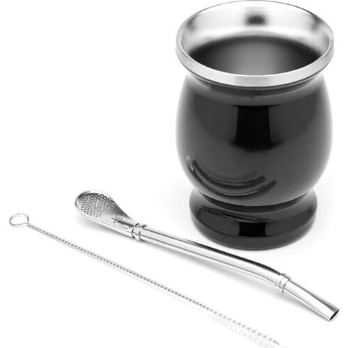 Yerba Mate Natural Gourd/Tea Cup Set 8 Ounces Bombillas Yerba Mate Straw,Cleaning Brush,Stainless Steel,Double-Walled,Easy Clean