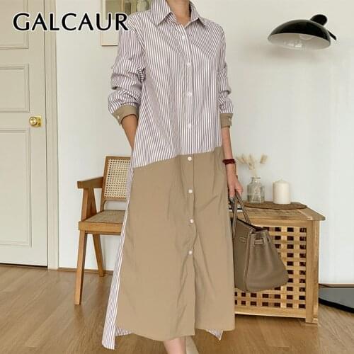 GALCAUR Korean Dress For Women Lapel Long Sleeve Striped Patchwork Hit Color Plus Size Elegant Mid Dresses Female 2021 Spring