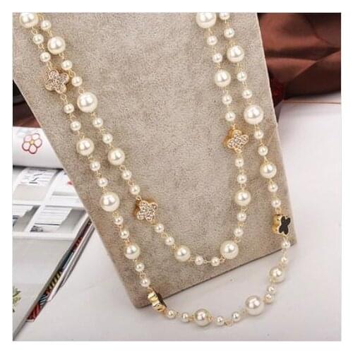 Korean long pearl2 row extension necklace multi-layer clover sweater chain Factory Wholesale price Women Giftword Jewelry