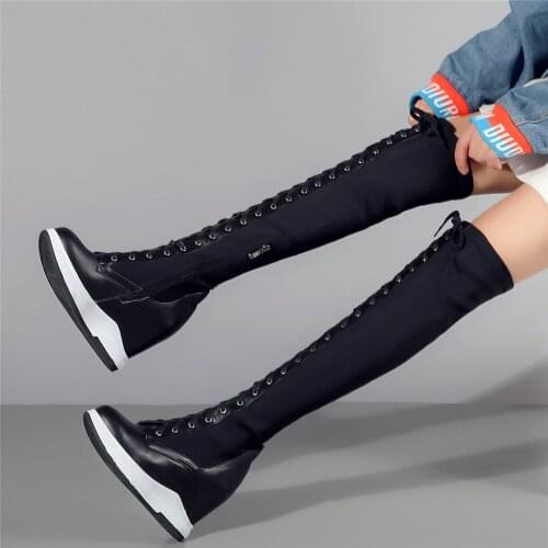 Fashion Sneakers Women Lace Up Genuine Leather Over the Knee High Boots Female Stretchy FabricThigh High Wedges High Heel Pumps