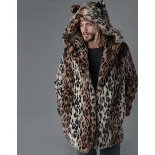 Plus Size Faux Fur Jacket For Men Winter Male Leopard Fur Jacket Long Style Hooded Fur Overcoat Warm Men Fur Outerwear leisure