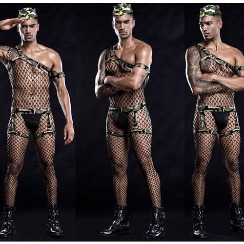 Male Nightclub Bar Dj Ds Singer Rave Clothing Men Camouflage Mesh Fishnet Jumpsuit Pole Dance Gogo Costume Stage Wear DT2418