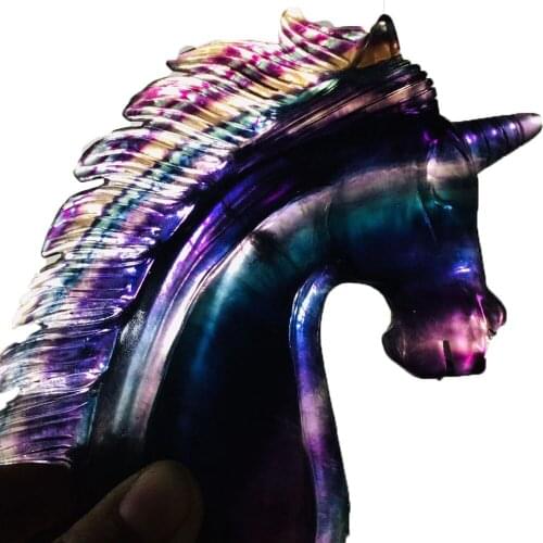 Natural Rainbow Fluorite Unicorn Figurine Hand Carving Crystal Stone Healing Quartz Mineral Reiki Energy Home Decoration Gift