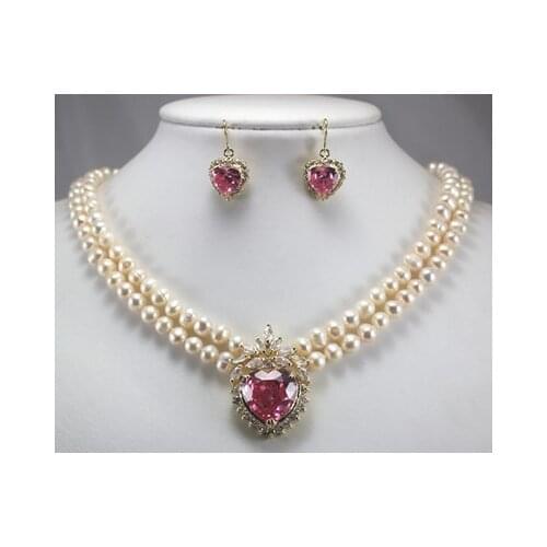 New coming! 2 row white pearl necklace + heart pink zircon pendant earring set
