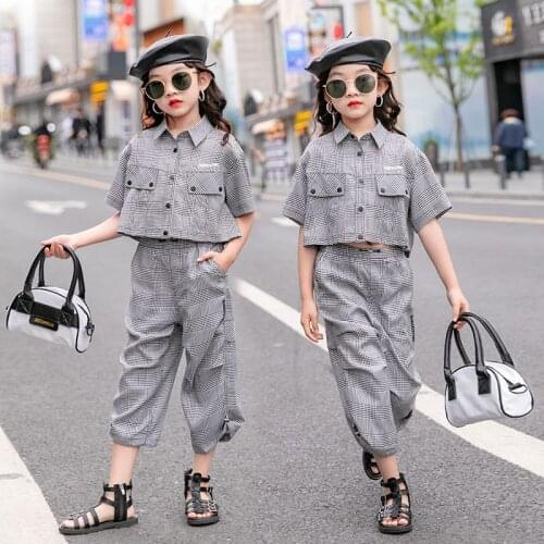 Teenagers Girl Clothes 2021 New Girls Plaid Suit Fashion Children Clothing Fashion Kids Short Sleeve Sets Gray Thin Girl Outfits