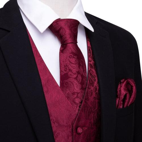 Barry.Wang Men Waistcoat V-Neck Silk Suit Vest Paisley Tie Solid Red Bowtie Set Ascot Tie Elastic Suspender for Wedding Party