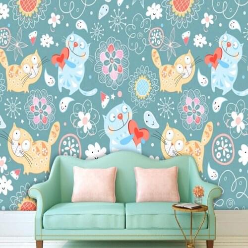 Dropshipping Colomac Wallpaper Kids Cute Cat Hand-Painted Wall Painting Wallpaper Bedroom Wall Mural Papel De Parede Infantil