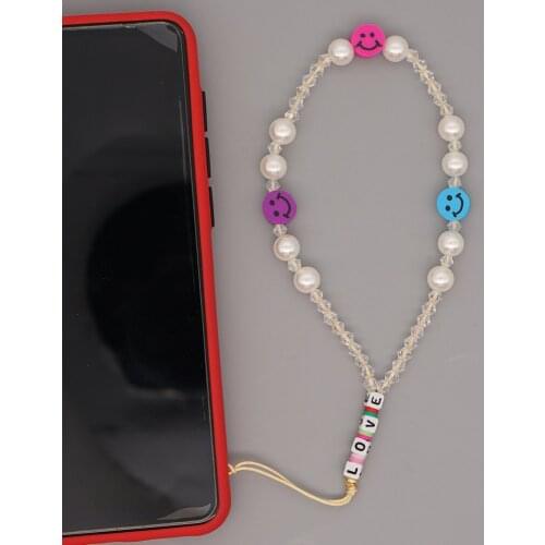 Phone Lanyard Smiley Face Wrist Strap Beach Pearl Crystal Beads String Chain For Phone LOVE Letter Jewelry 2021 Hot Sale