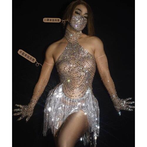 Sexy Women Elastic Mesh Net Perspective Crystal Leotard Singer Stage Outfit Rhinestone Tassel Latin Dance Bodysuit