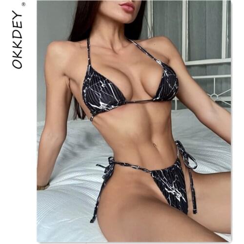 Sexy Bikinis Womens Swimsuit 2021 Marble Print Swimwear Micro Thong Bikini Set Ribbed Bathing Suits Summer Beachwear New