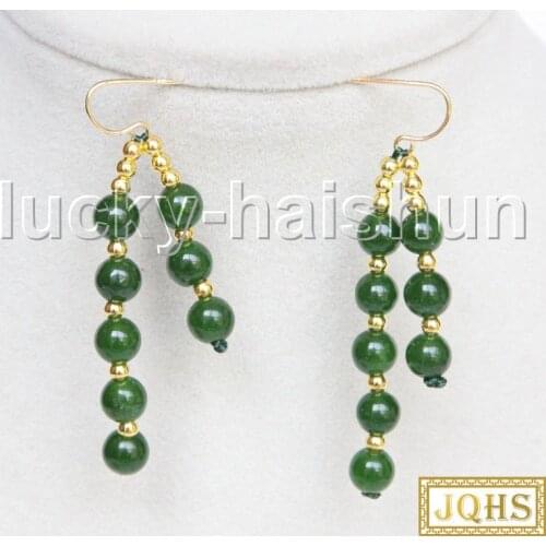 JQHS Dangle 2" 6mm round dark green jades Beaded Strand Earrings 14KT gold hook j11566