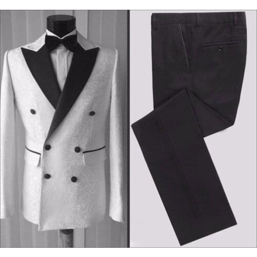 High Quality Double Breasted White Embossing Groom Tuxedos Peak Lapel Groomsmen Mens Suits Blazers (Jacket+Pants+Tie) W:696
