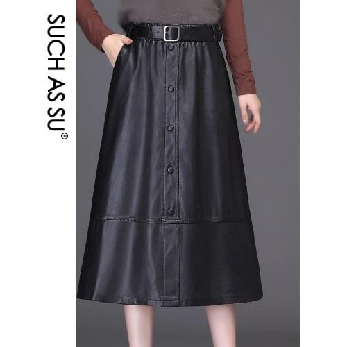 2020 Autumn Winter New Arrival Ladies Button Black Brown Red Skirts Pleated High Waist Leather Plus Size Women Sashes Skirts