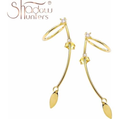 SHADOWHUNTERS Real 925 Silver Leaves Ear Cuff Gold Color Crystal Elegant Earcuff For Women Engagement Fine Jewelry High Quality