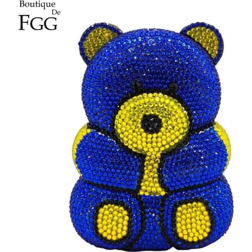 Boutique De FGG Blue & Yellow Crystal Women Teddy Bear Evening Clutch Bags Wedding Party Mini Minaudiere Purses and Handbags