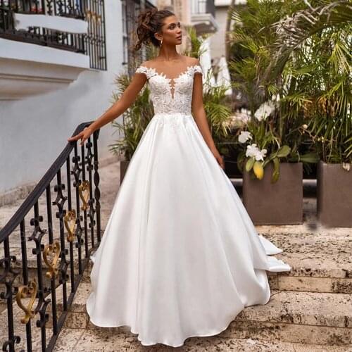 YIWUMENSA Satin A Line Women Wedding Dress Sweep Train Illusion Lace Appliques Bridal Gowns Custom Made Boho Robe De Mariee 2021