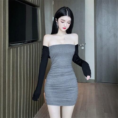 2020 New Fashion Womens Long-Sleeved Square Neck Stitching Contrast Color Bag Buttocks Slim Sexy Dress