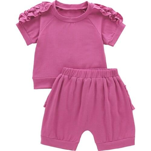 2021 0-5Y Toddler Baby Girl Clothes Ruffle Shoulder Solid Color Short Sleeve Top+Shorts Summer Soft Loose 2pcs Outfits Set