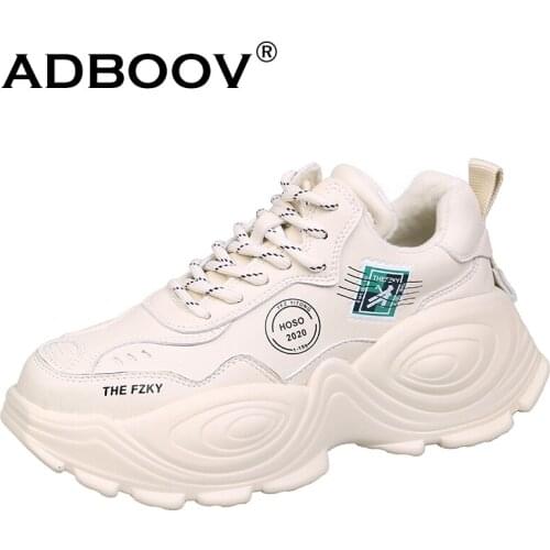 ADBOOV Genuine Leather Fashion Sneakers Women Short Plush Winter Casual Shoes Ladies Thick Sole Platform Chunky Sneakers