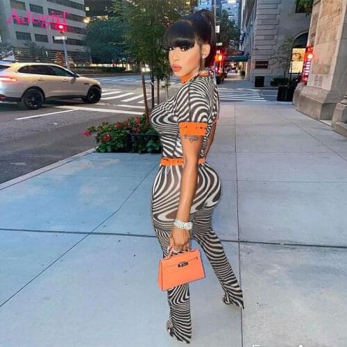 Adogirl Striped Letter Print Mesh Two Piece Set See Through Women Suit Color Patchwork Short Sleeve Crop Top Stretchy Pants