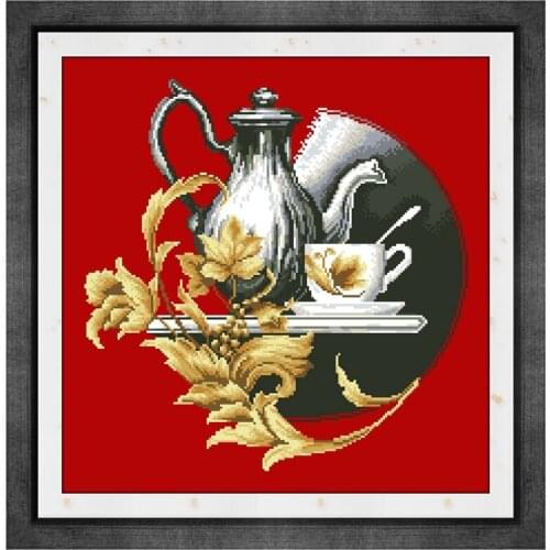 Tea set cross stitch kit flower 18ct 14ct 11ct red canvas cotton thread counted needlework thread embroidery set