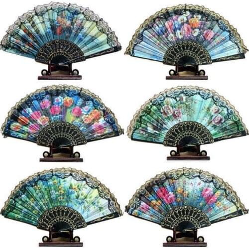 Spanish Flower Floral Fabric Lace Folding Hand Dancing Wedding Party Decor Fan 100 pcs/lot DHL free shipping