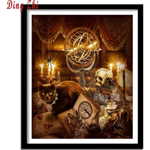 American Style 5D DIY Diamond Painting Skull Black Cat Magical Embroidery Cross Stitch Full Square Rhinestones Halloween Decor