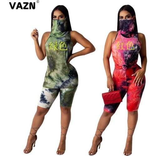 VAZN New Summer 2020 Tie Dye suitable O-neck Sleeveless Short Pant Casual Sets Sexy Night Club Fashion Women 2 Piece Set
