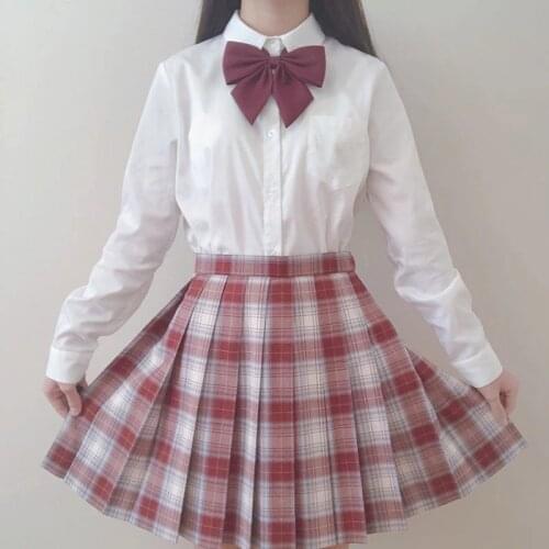 JK Uniform Girls Suit Summer High Waist Pleated Skirts Red White Gothic Sexy Mini Plaid Skirt Women Uniform Students Clothes