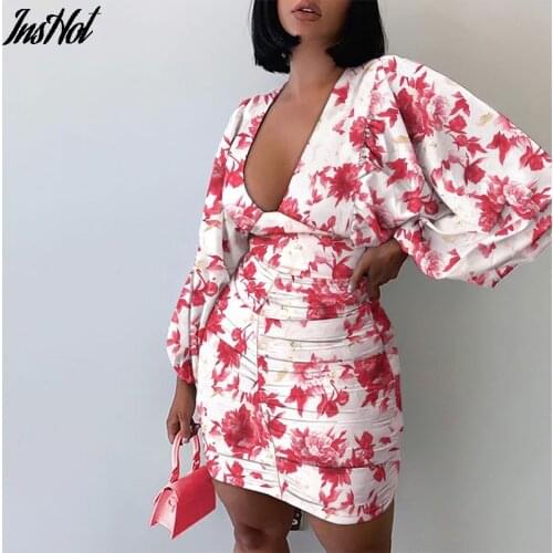 2021 Summer Women Sexy Deep V Neck Floral Print Mini Dresses Casual Female Long Lantern Sleeve Ruch Bodycon Short Party Dresses