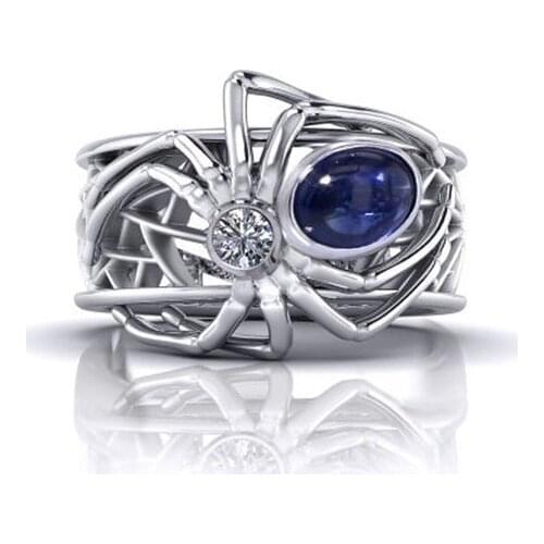Fashion Spider Ring Punk Style Womens Inlaid Blue Stone Silver Plated Rings for Western Halloween Jewelry Accessories