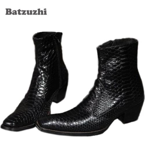 Batzuzhi New 2018 High Qulaity Genuine Leather Man Boots Square Heels Winter/Autumn Boots Man Black Fish pattern, EU38-46