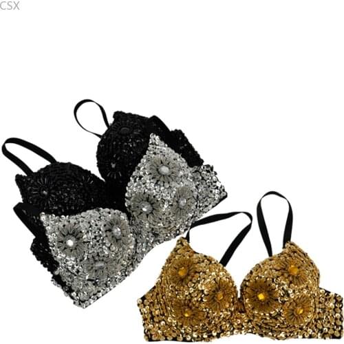 MwOiiOwM Sexy Womens Beaded Sequins Embellished Chrysanthemum Bra B/ C Cup Belly Dance Underwear push up 63