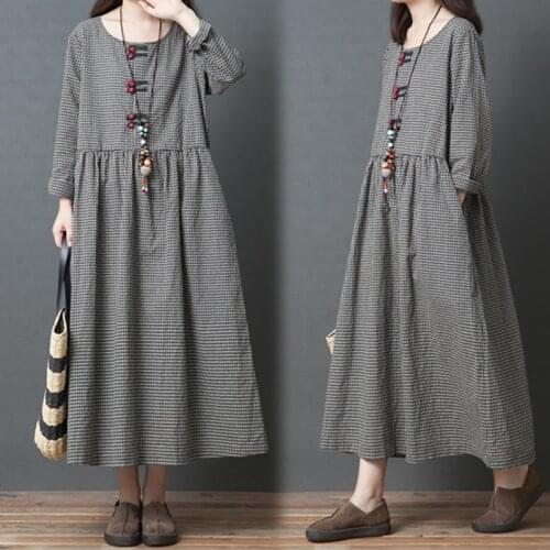 New spring autumn dress Korean version loose robe large size plaid dresses long-sleeved vintage dress vestidos mujer