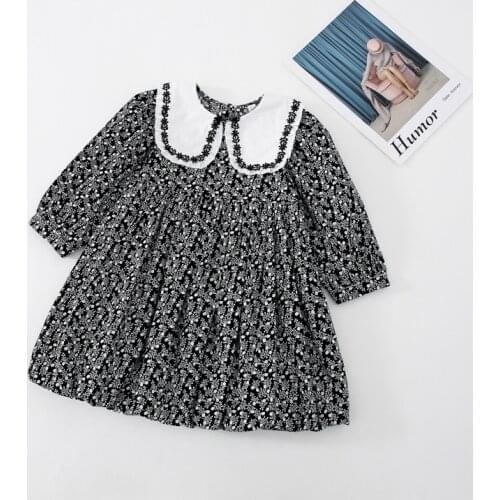 2021 Spring autumn New Arrival Baby Girls Cotton Dress Girls Long Sleeve Floral Turn-Down Collar Cute Dresses