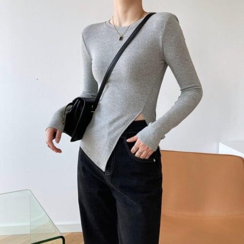 Fall New Womens T-shirt Fashion Slim Solid Round Neck Pullover Simple And Chic T-shirt Femme Qn