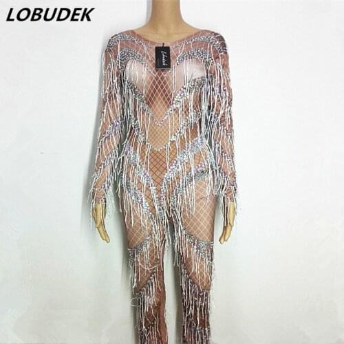 Crystals Tassels sexy Female Jumpsuits DJ DS show costumes performance Leotard Rompers Singer Dancer Pole dancing stage Costumes