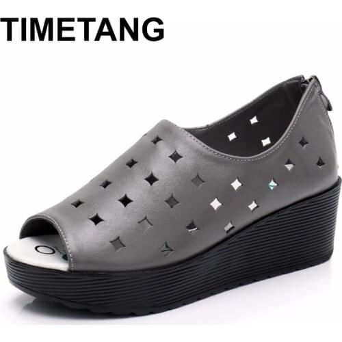 TIMETANG Genuine Leather Shoes Women Sandals2021Breathable Hollow Platform Summer Shoes Woman Wedges Sandals Casual ShoesE803
