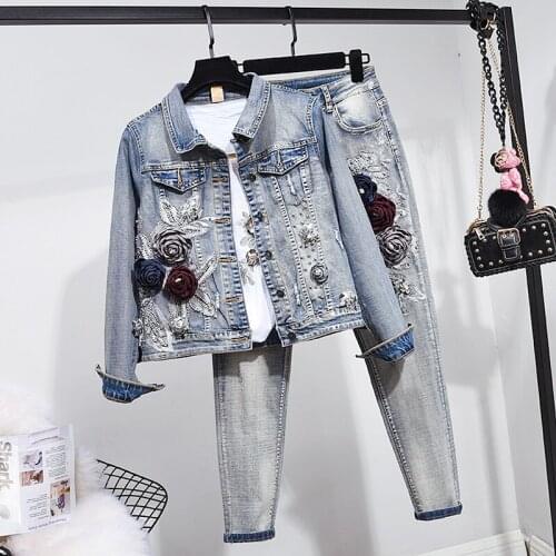 Autumn Women Casual Vintage Flowers Long Sleeve Denim Jacket + Stretch Sexy Little Feet Jeans 2 Piece Set Female Clothes H1017