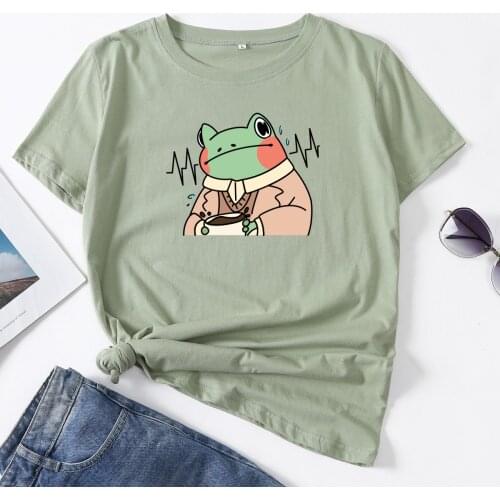 Cute Thinking Frog Shirt Woman T-Shirt Short Sleeve T-Shirts Summer Tops for Women Cotton Graphic Tee Female Shirt Clothes Top