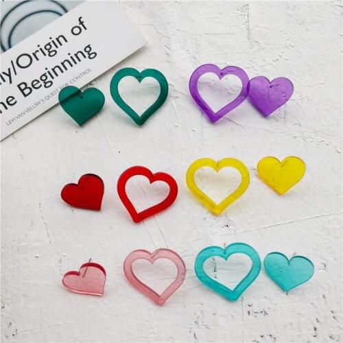 Sweet Asymmetric Candy Color Hollow Heart Acrylic Stud Earrings for Women Fashion Wild Heart Ear Jewelry Party Girl Gifs