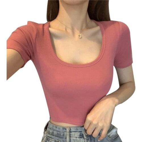 Women Short T-shirts Casual Korean Ladies Solid Short Sleeve Slim Bare Navel Cropped Tshirt Tops WDC8298