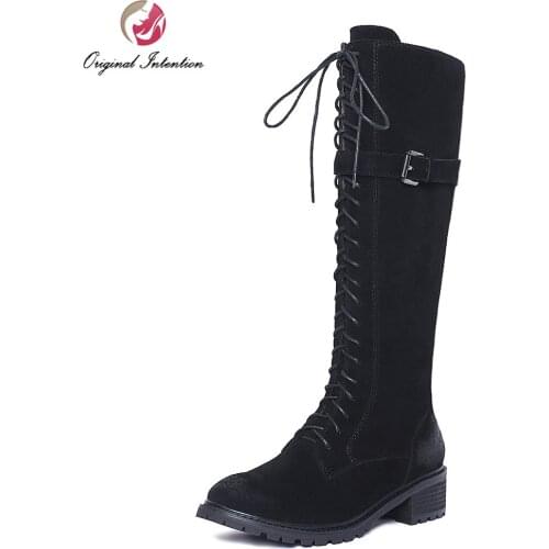 Original Intention Fashion Women Knee High Boots Nice Round Toe Square Heels Boots Popular Black Shoes Woman US Size 4-10.5