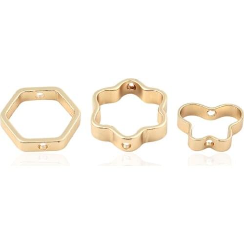 10pcs Copper Genuine Gold Plated Hexagon/Plum Bossom/Butterfly Shape with Double Holes Beads Ring Connectors For Jewelry Making
