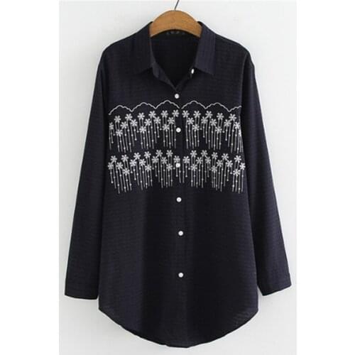 2021 Plus-Size Womens Fall Casual Top Plus-Size Cotton And Linen EmbroiDered Long-Sleeved Shirt With Floral Curtains XL-4XL